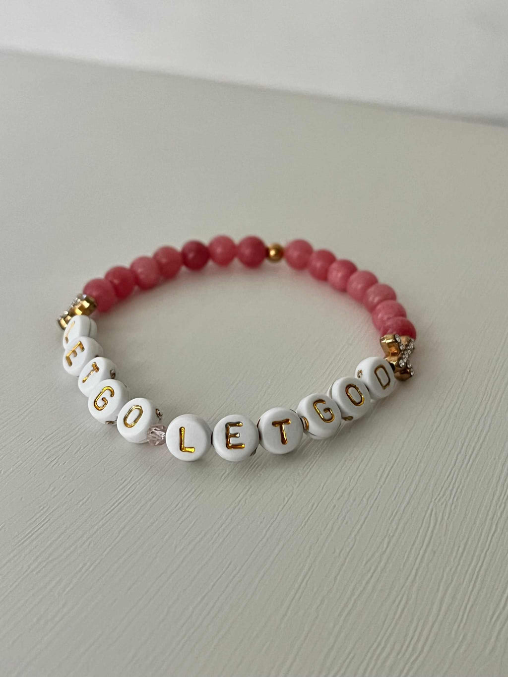Let Go Let God Bracelet - Pink Marbled Beads & Gold Crosses