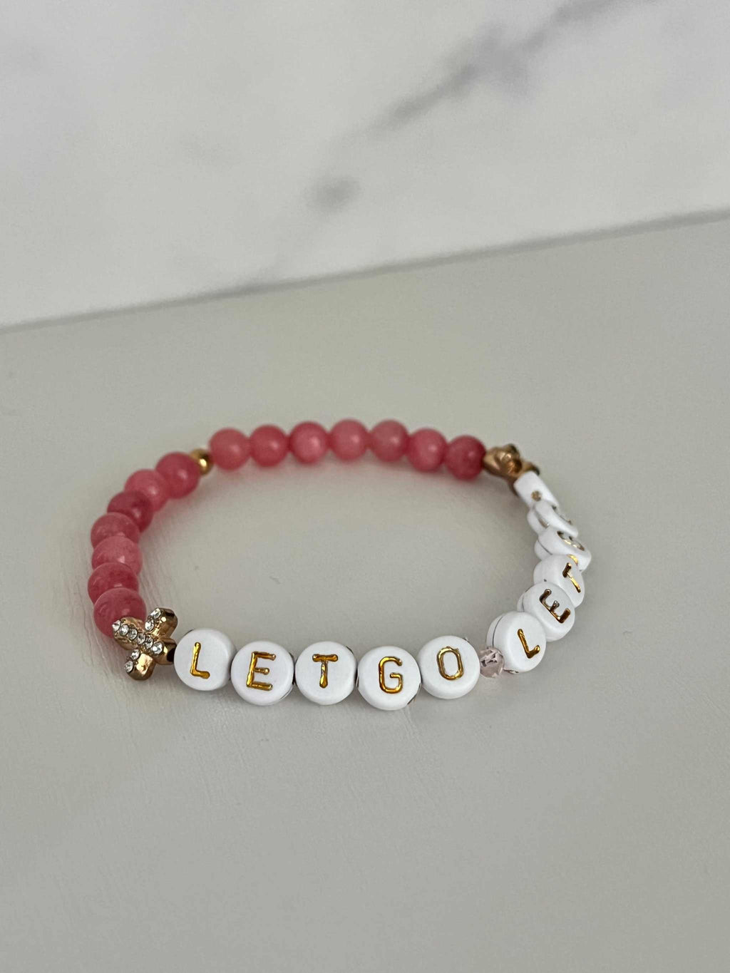 Let Go Let God Bracelet - Pink Marbled Beads & Gold Crosses