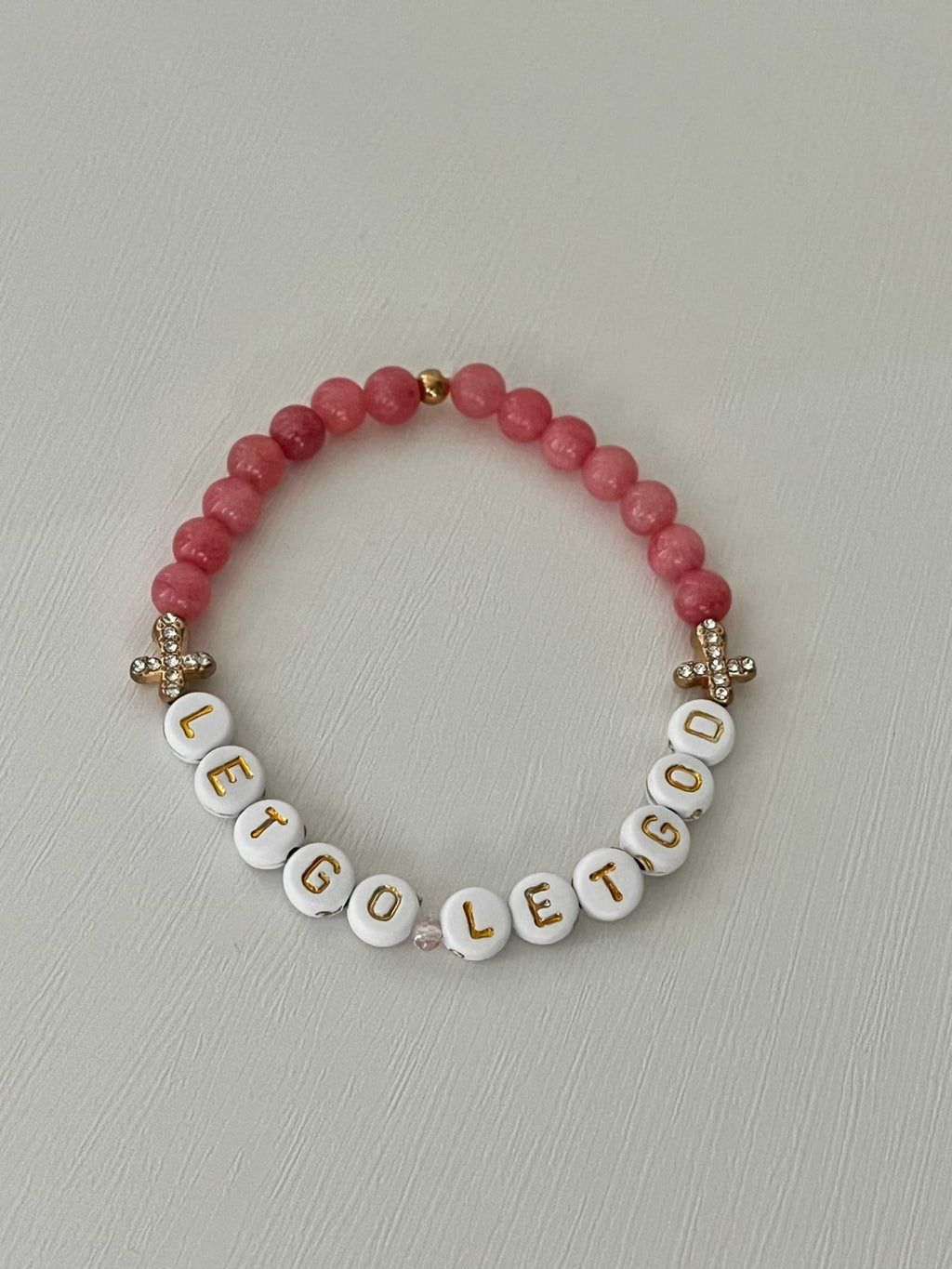 Let Go Let God Bracelet - Pink Marbled Beads & Gold Crosses