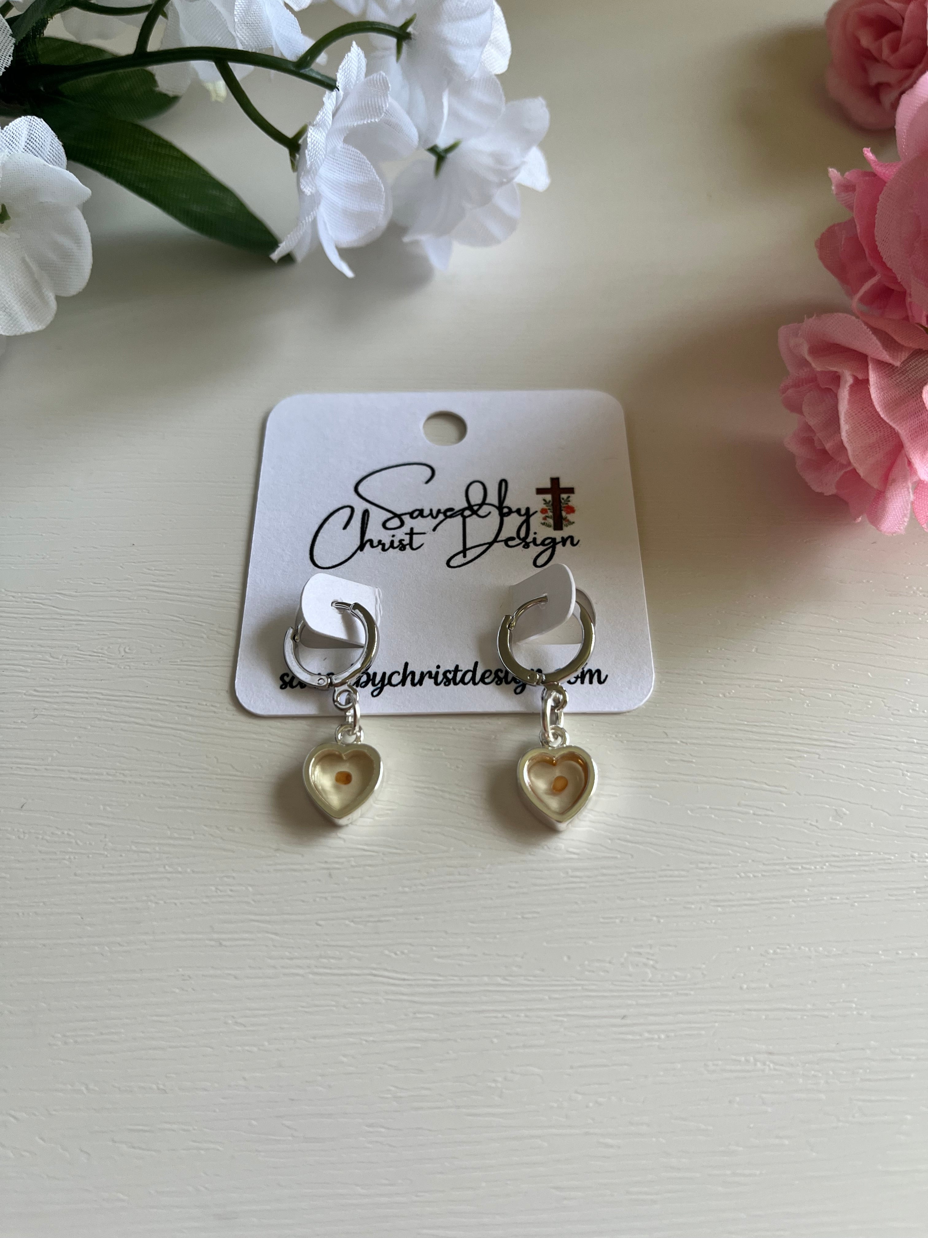 Heart Mustard Seed Huggie Earrings