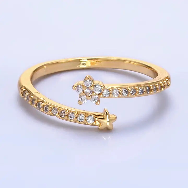 Called by Name Ring - gold open band with CZ flower and star detail