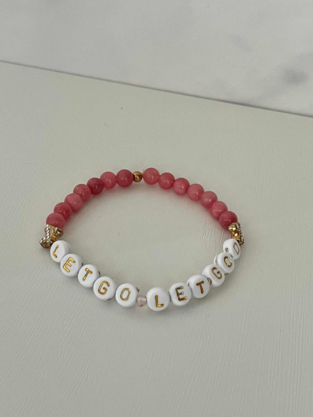 Let Go Let God Bracelet - Pink Marbled Beads & Gold Crosses