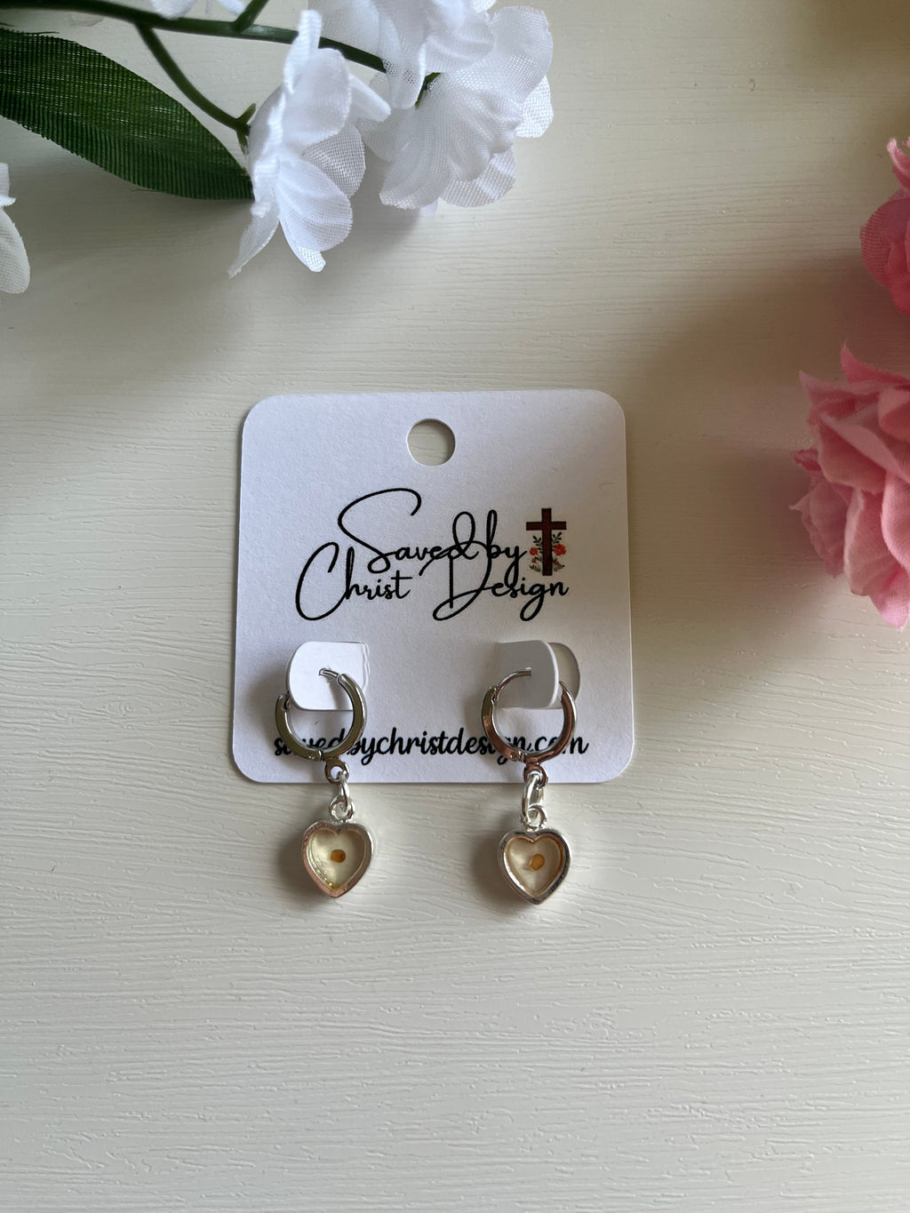 Heart Mustard Seed Huggie Earrings