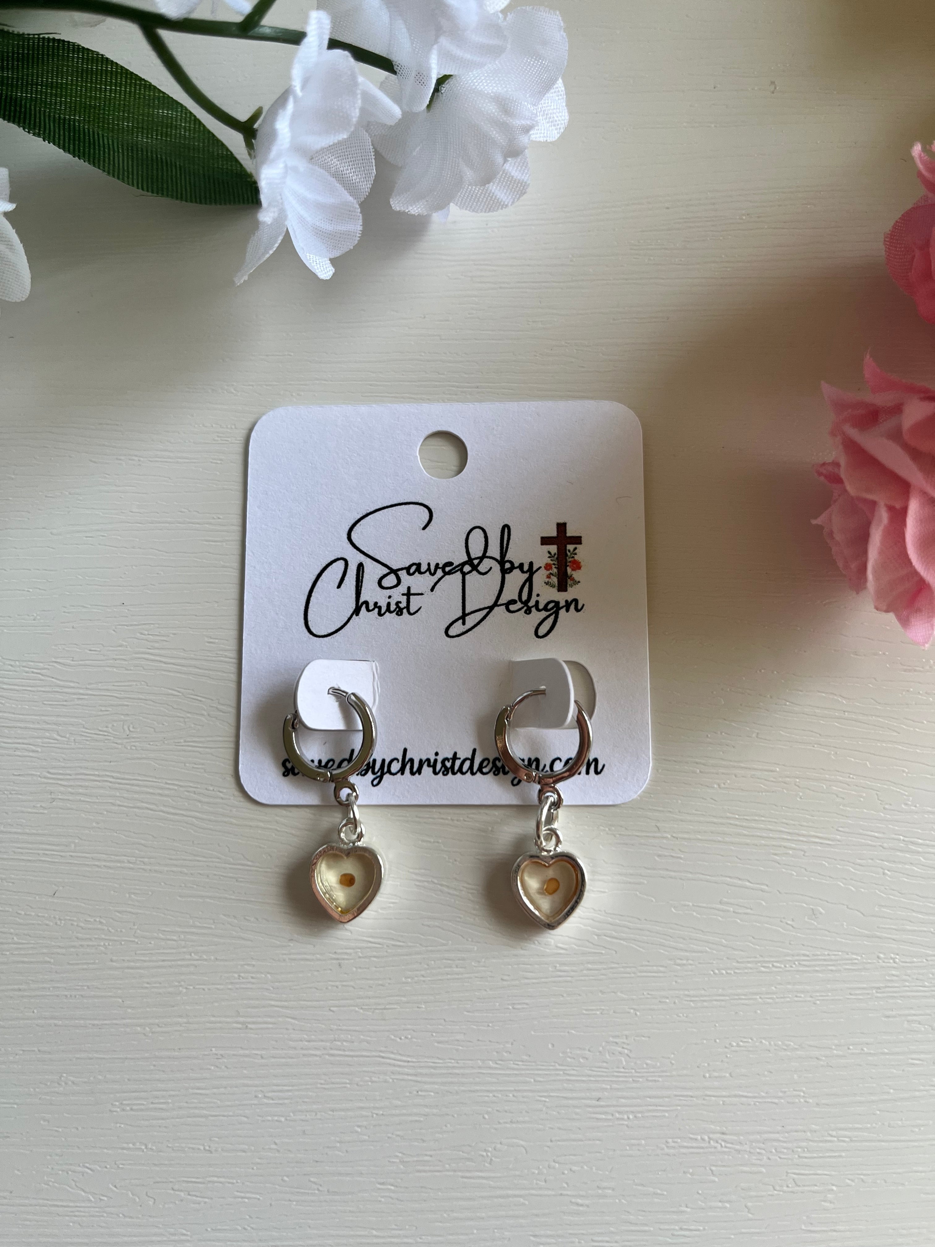 Heart Mustard Seed Huggie Earrings