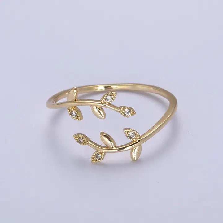 Planted Vine Ring Dainty - gold open leaf vine ring with CZ accents
