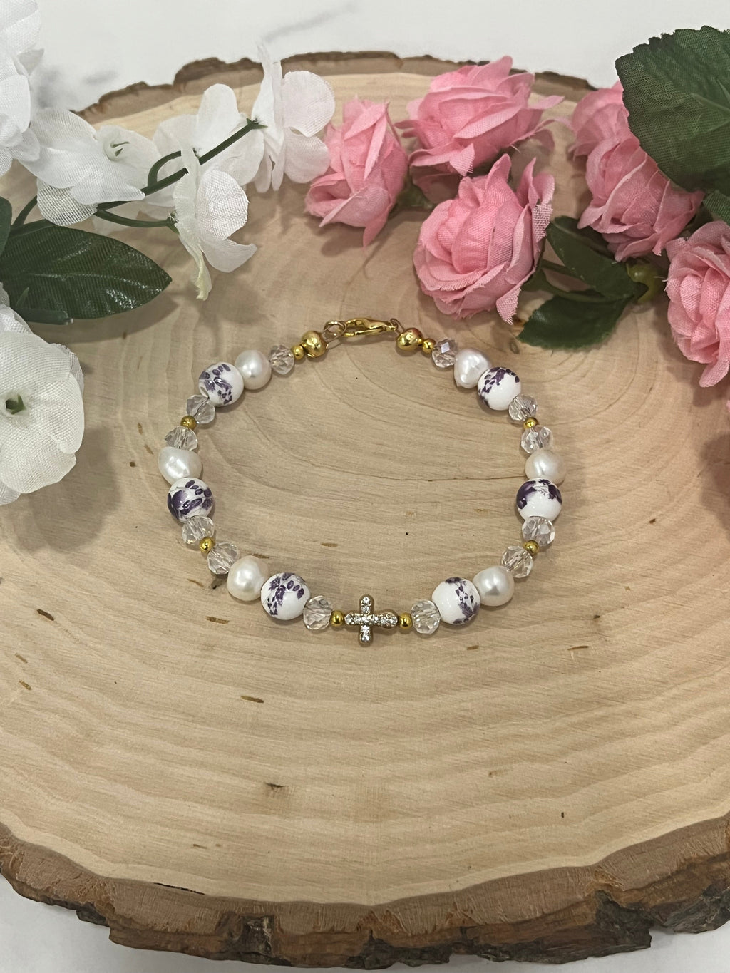 Freshwater Pearl Floral Cross Bead Bracelet