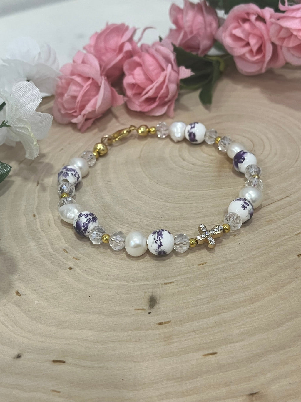 Freshwater Pearl Floral Cross Bead Bracelet