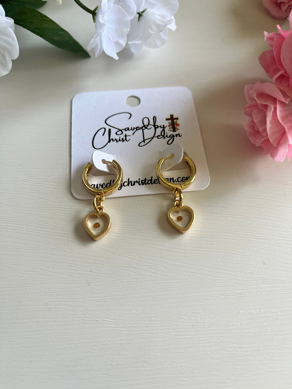 Heart Mustard Seed Huggie Earrings