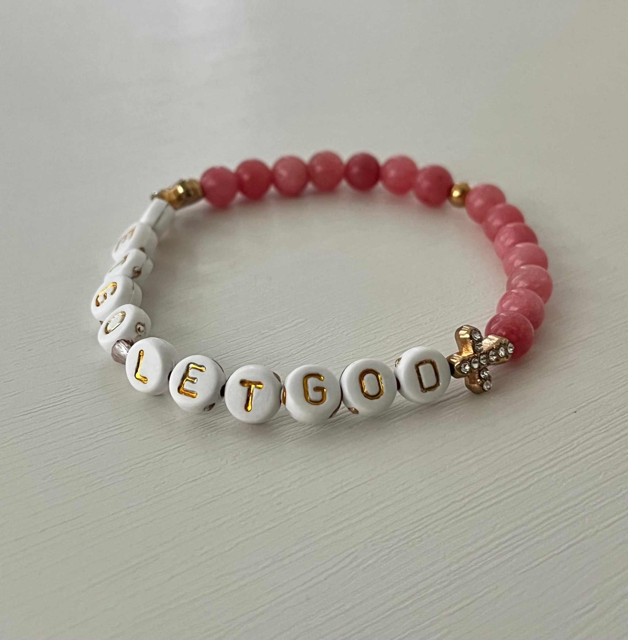 Let Go Let God Bracelet - Pink Marbled Beads & Gold Crosses