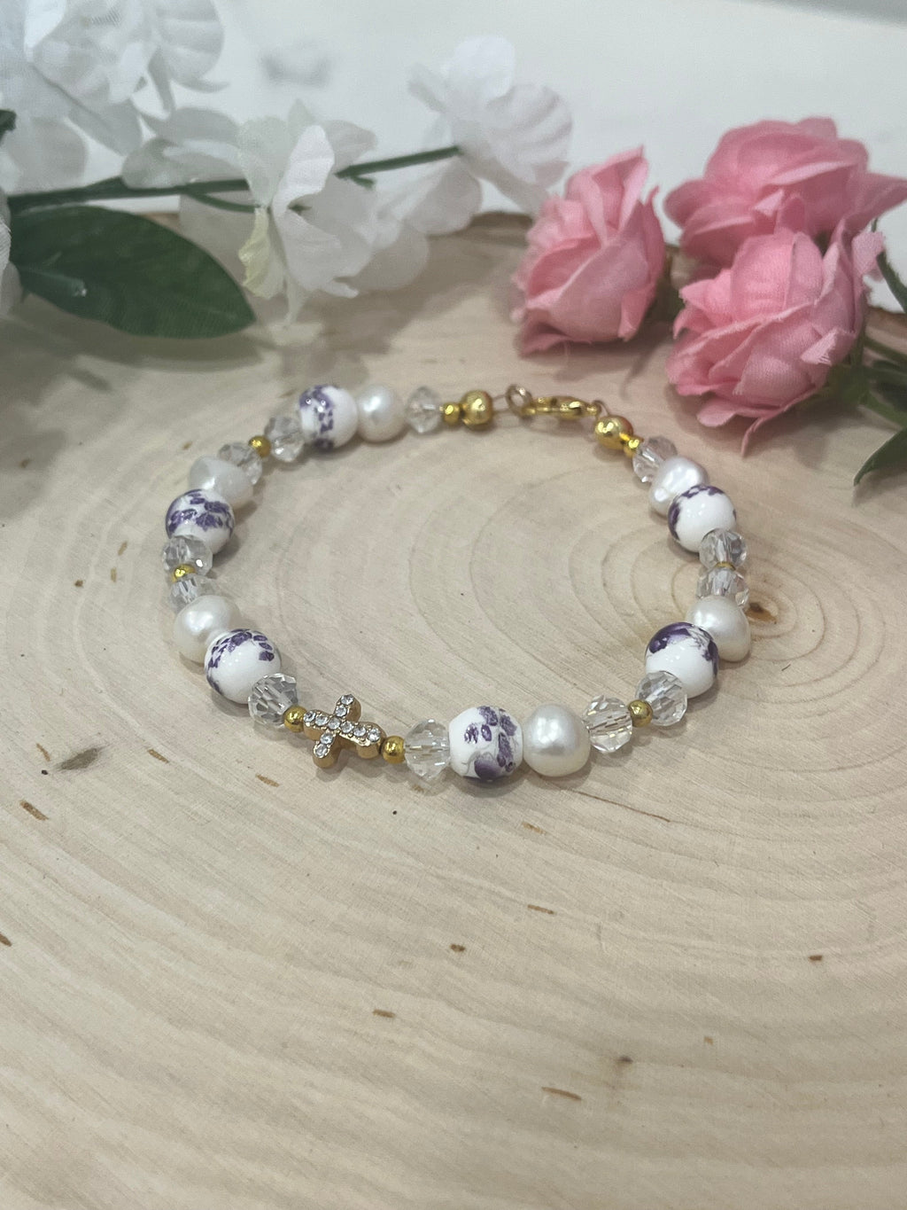Freshwater Pearl Floral Cross Bead Bracelet