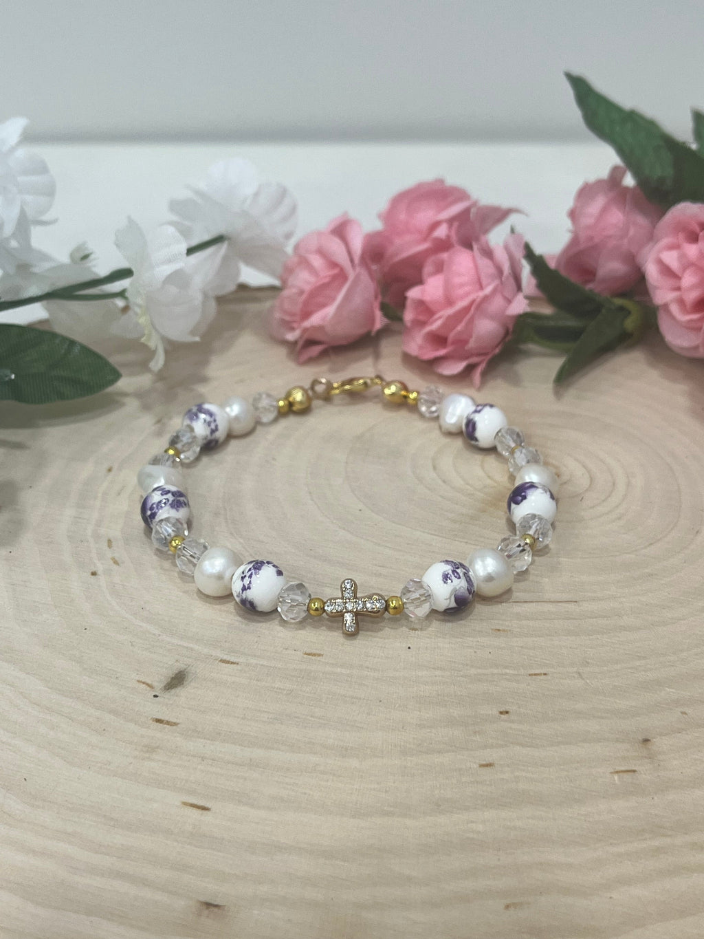 Freshwater Pearl Floral Cross Bead Bracelet