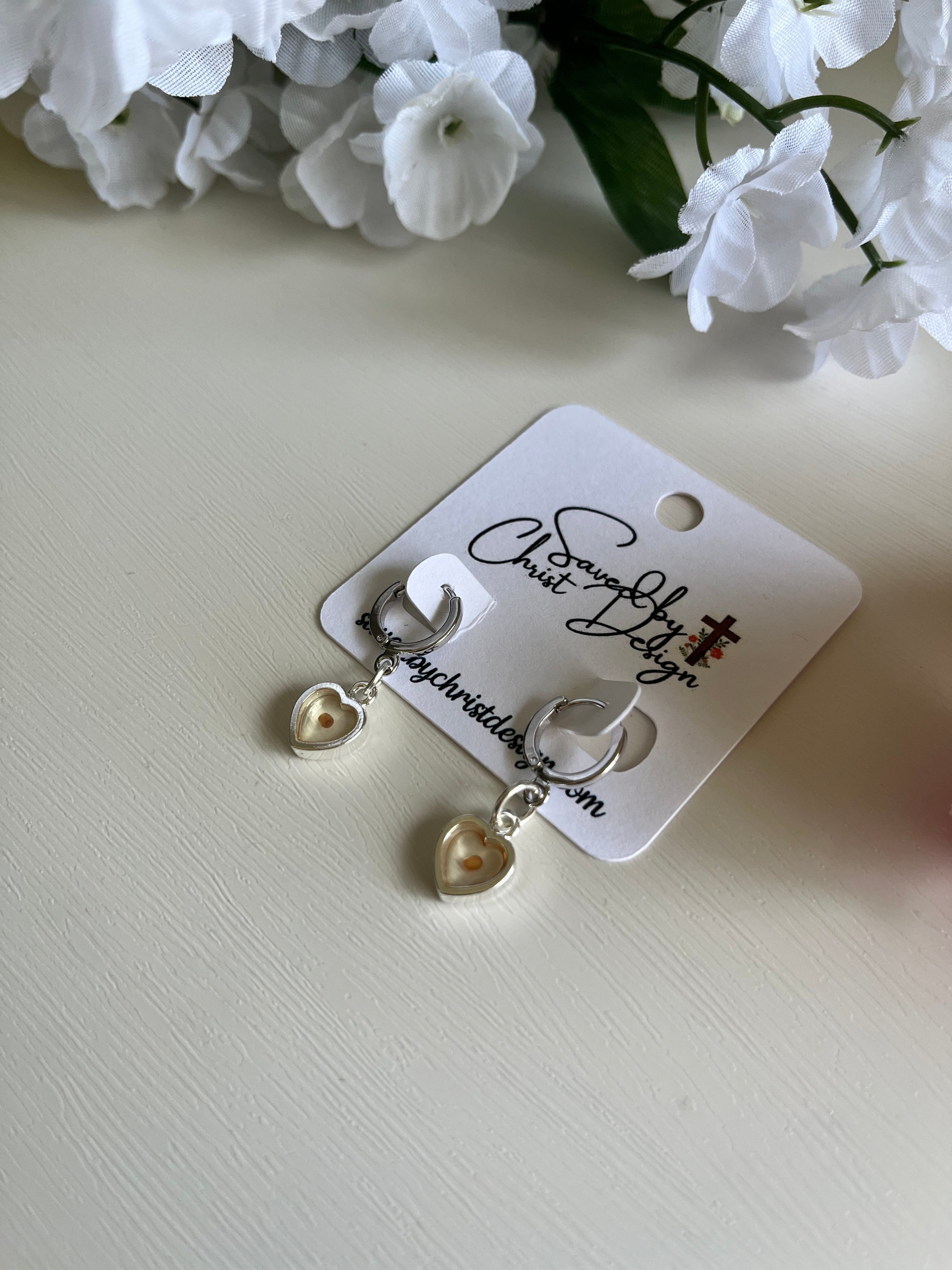 Heart Mustard Seed Huggie Earrings