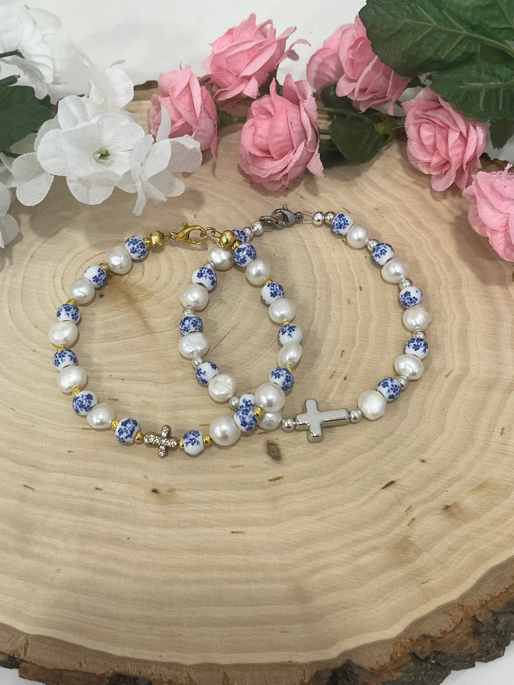 Floral Pearl Cross Bracelet – Christian Jewelry for Women