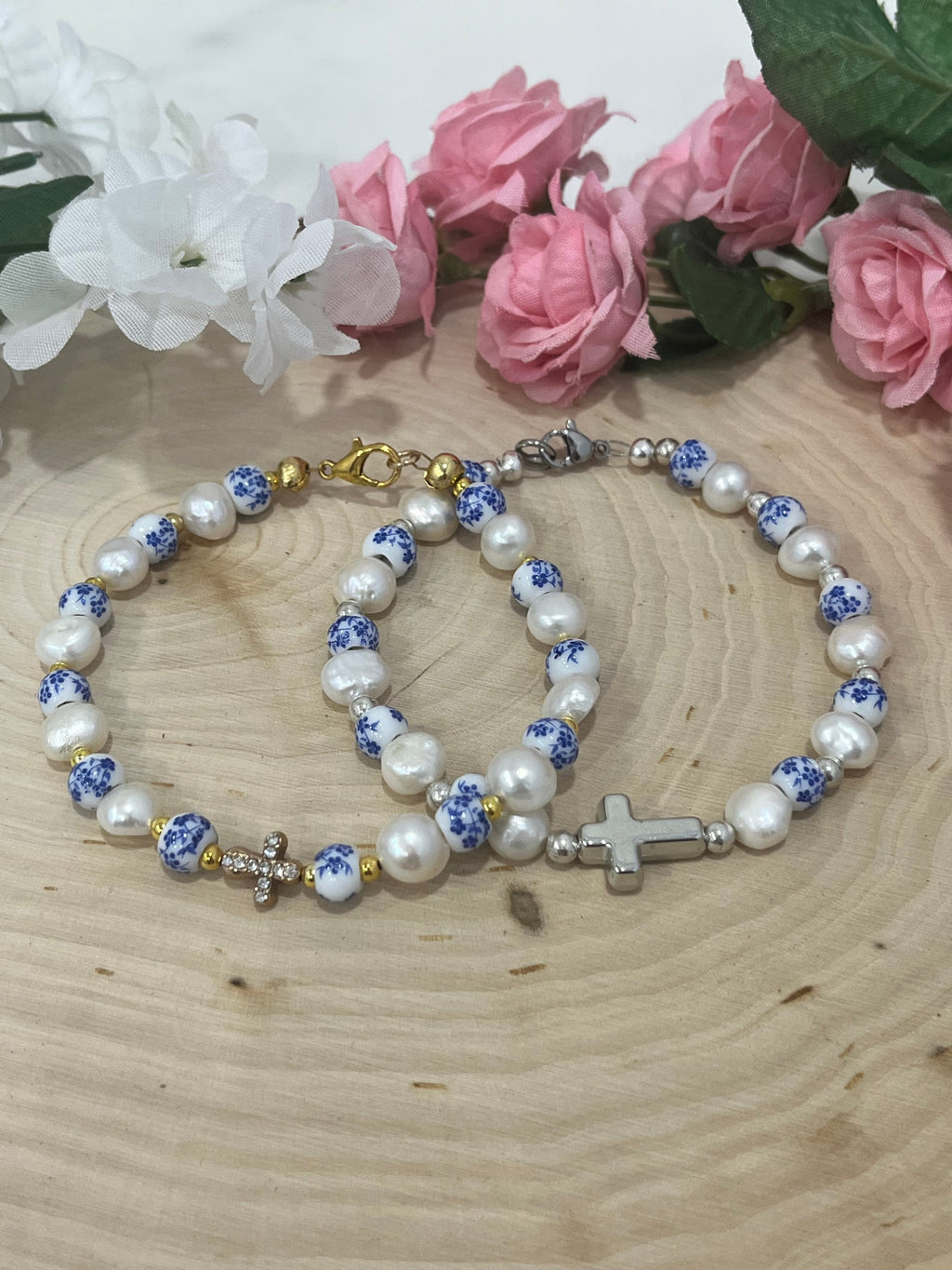 Floral Pearl Cross Bracelet – Christian Jewelry for Women
