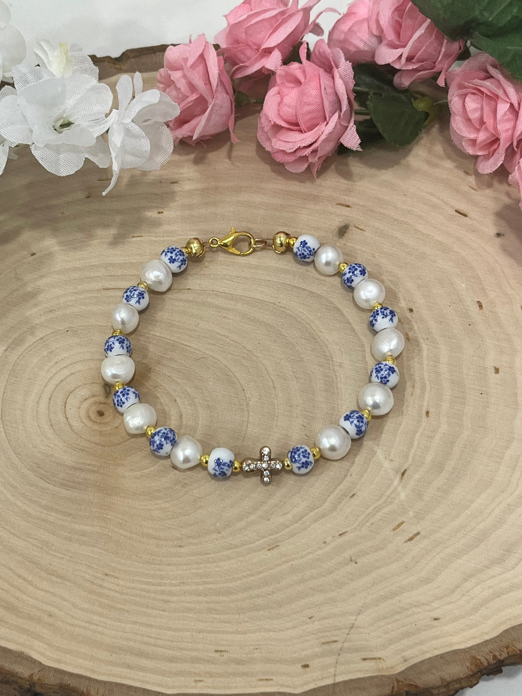 Floral Pearl Cross Bracelet – Christian Jewelry for Women