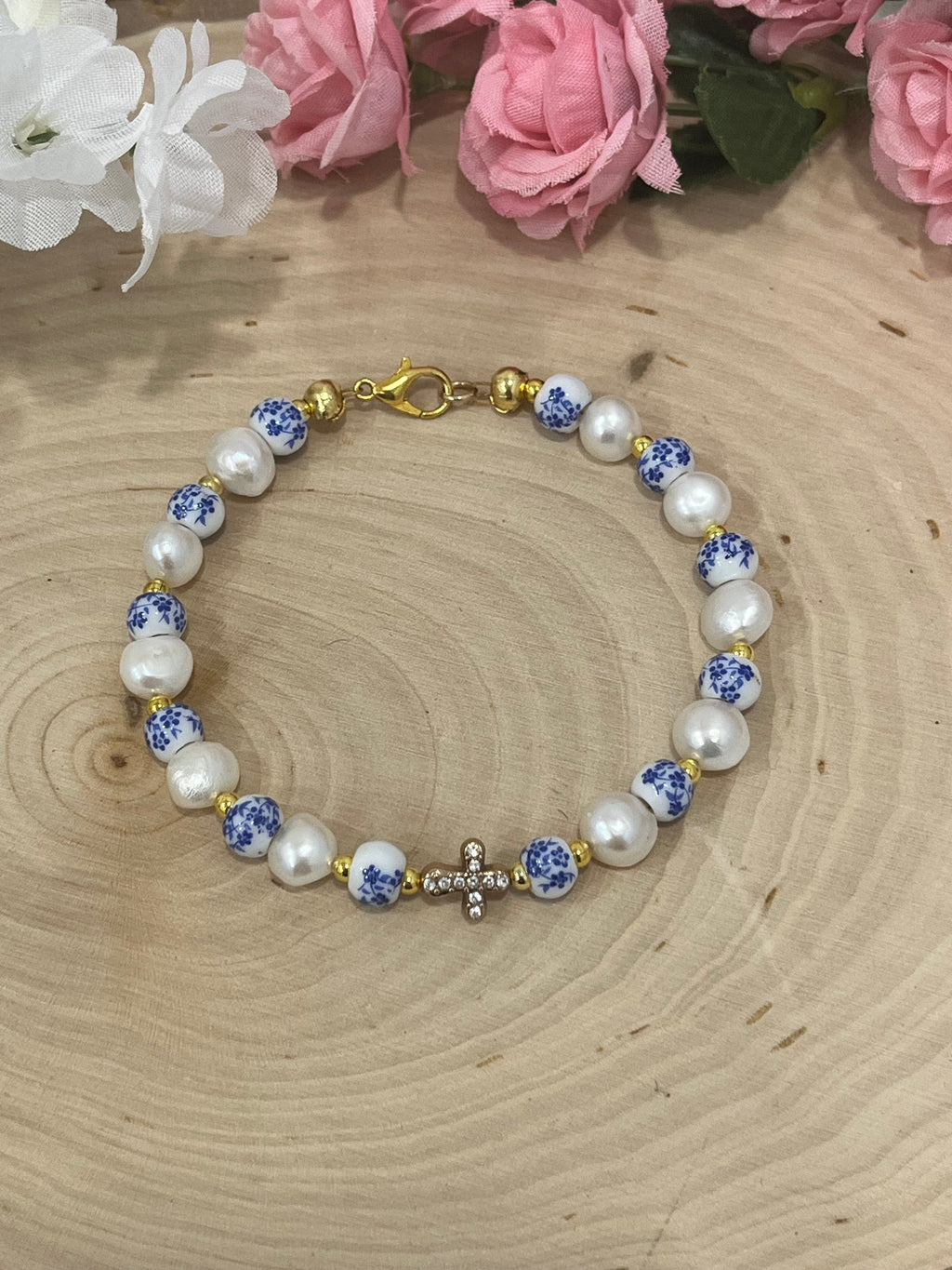 Floral Pearl Cross Bracelet – Christian Jewelry for Women