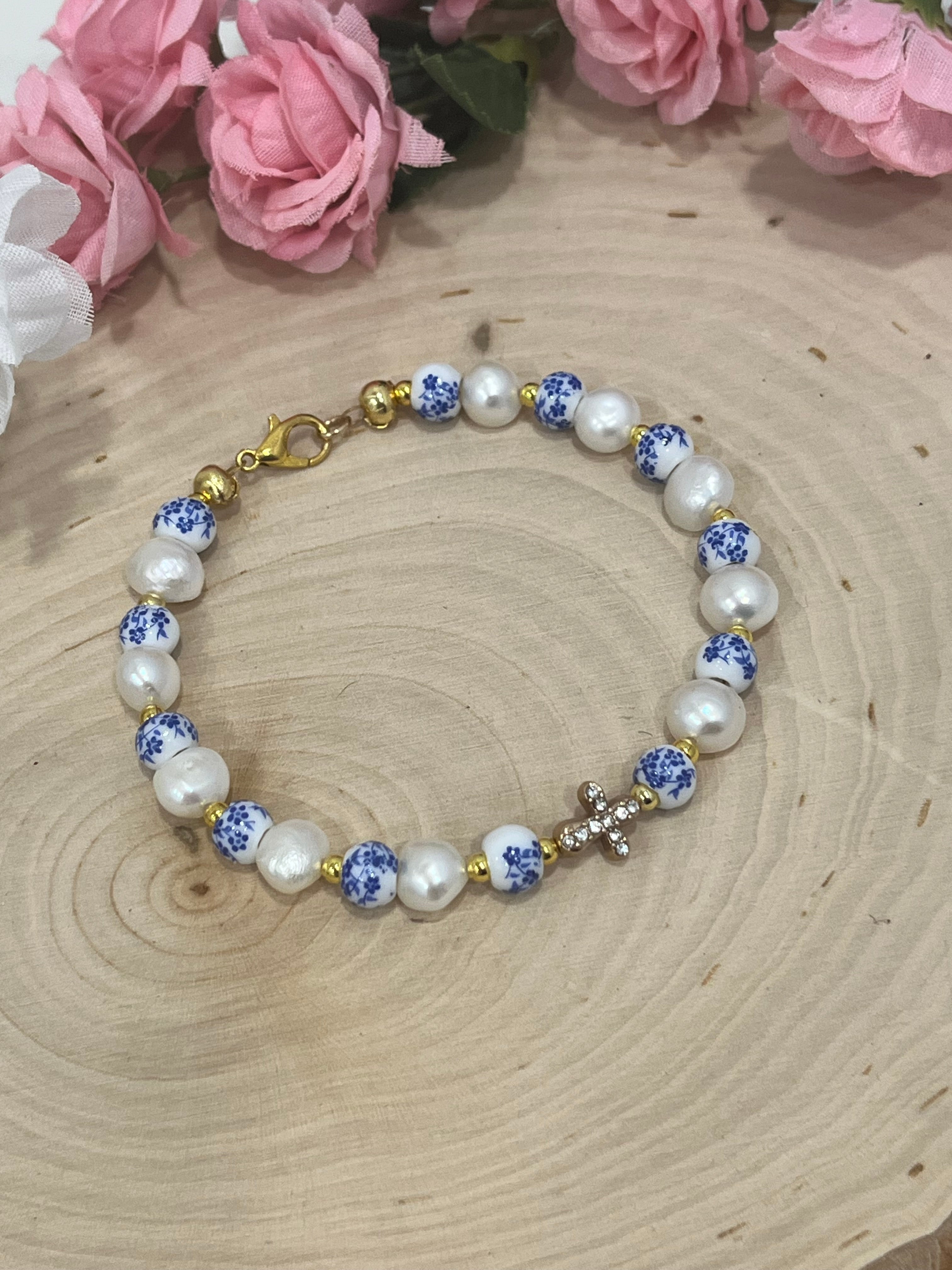Floral Pearl Cross Bracelet – Christian Jewelry for Women