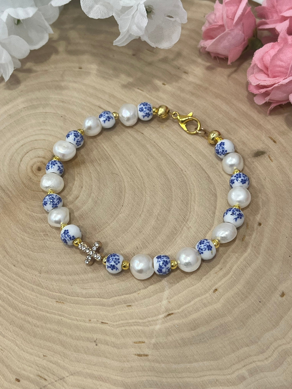 Floral Pearl Cross Bracelet – Christian Jewelry for Women