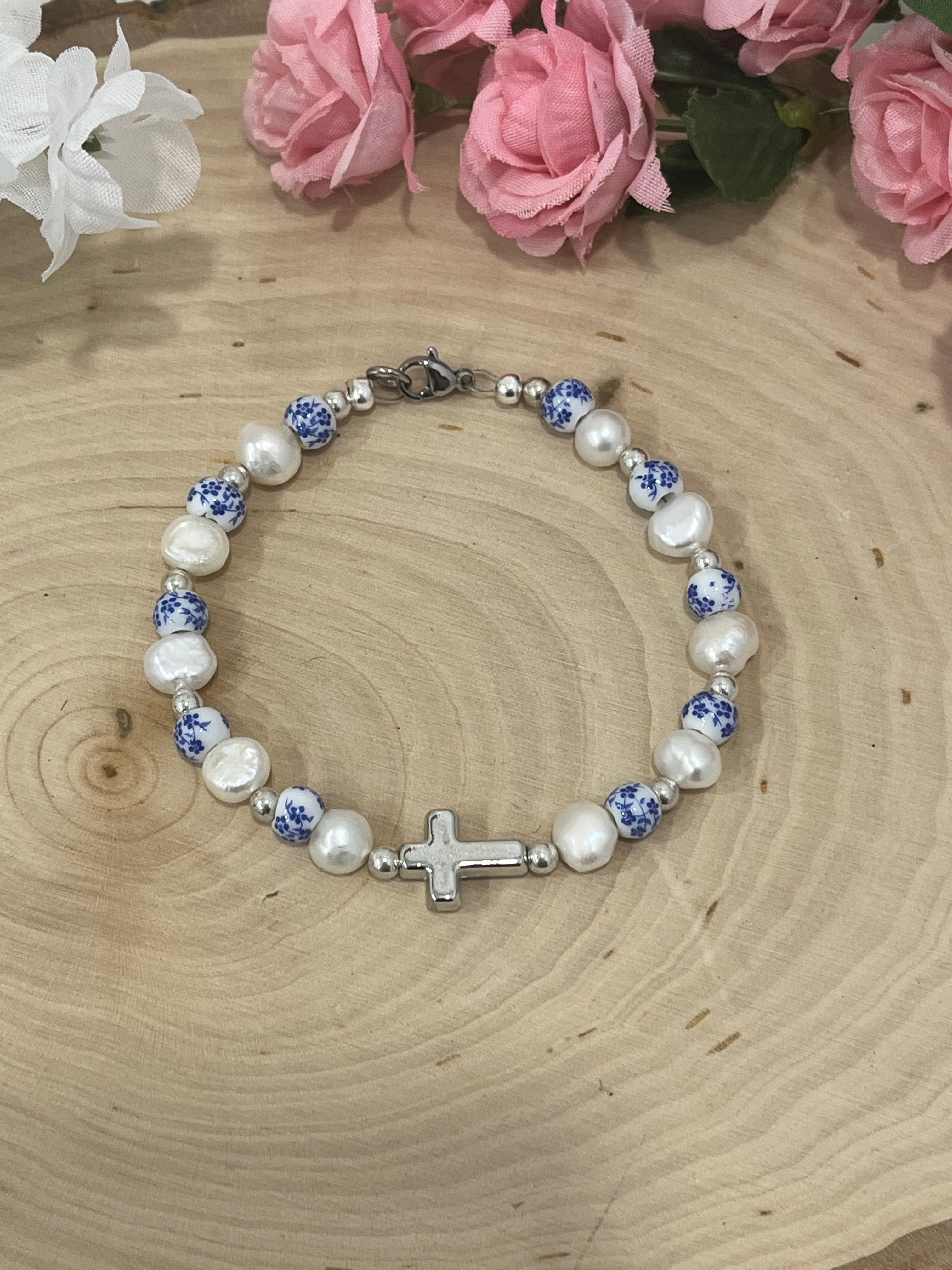 Floral Pearl Cross Bracelet – Christian Jewelry for Women