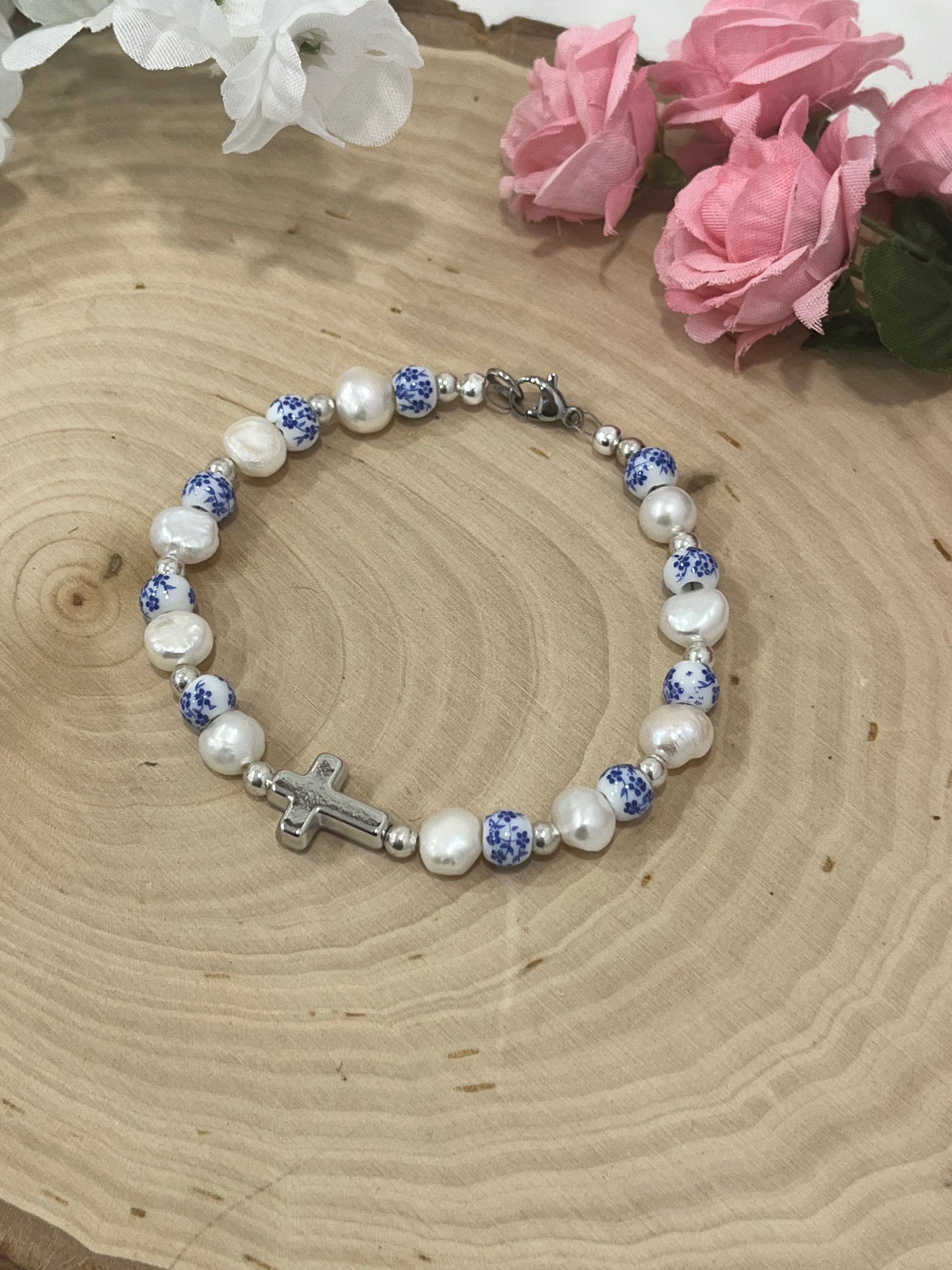Floral Pearl Cross Bracelet – Christian Jewelry for Women