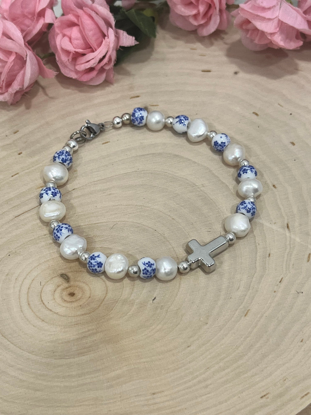 Floral Pearl Cross Bracelet – Christian Jewelry for Women