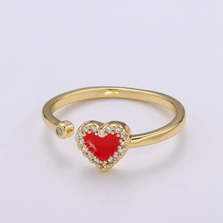 John 3:16 Ring - gold open band with red enamel heart and CZ border